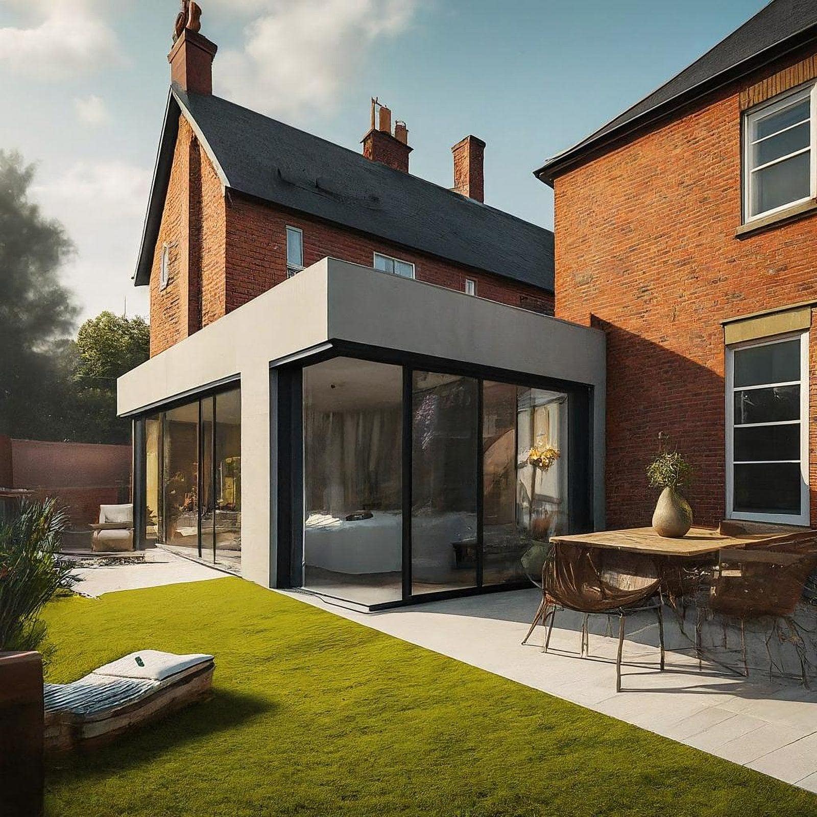contemporary,rear,single story,extensions,,concrete,structures,,flat,roofs,,lots,of